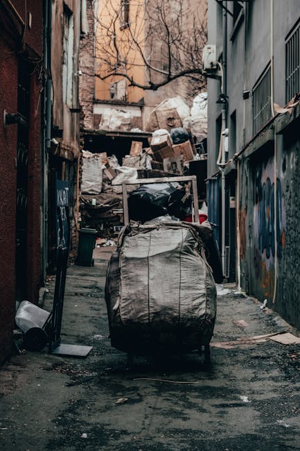A narrow urban alleyway cluttered with accumulated rubbish and discarded items, with a large, weathered shopping trolley positioned centrally in the foreground, filled with black plastic bags and misc
